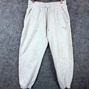 Puma Jogger Sweatpants Womens Medium Heather Gray Pink Logo Fleece Gym Training